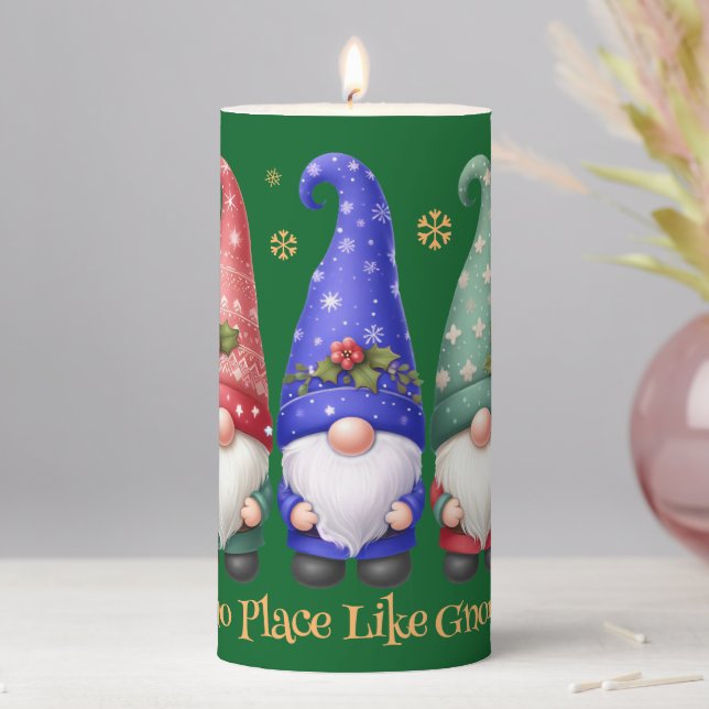 Festive Trio of Christmas Gnomes with Snowflakes Pillar Candle (In Situ)