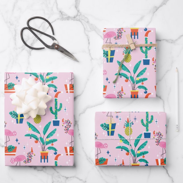Festive Tropical Christmas Pattern Wrapping Paper Sheets (Front)