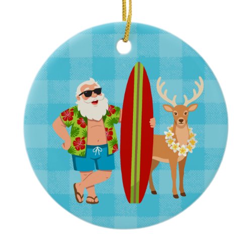 Festive Tropics Hawaiian Holiday Santa Surf Ceramic Ornament