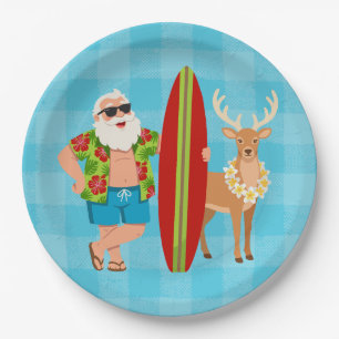 Festive Tropics Hawaiian Holiday Santa Surf Paper Plates