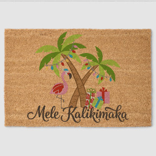 Festive Tropics Holiday Flamingo and Palm Trees Fiber Doormat