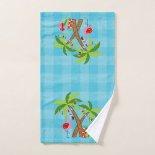Festive Tropics Holiday Flamingo and Palm Trees Hand Towel
