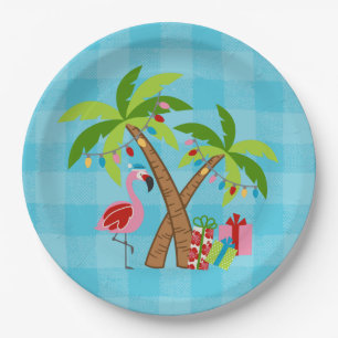 Festive Tropics Holiday Flamingo and Palm Trees Paper Plates