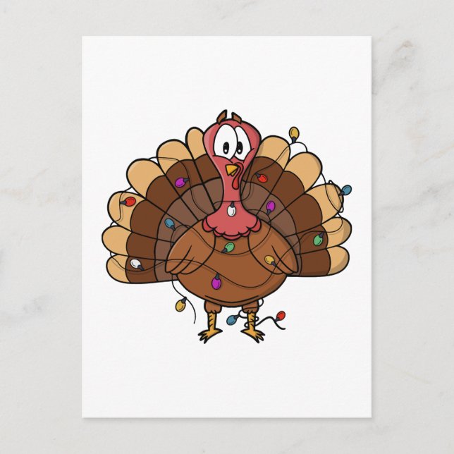 Festive Turkey with String Lights Holiday Postcard (Front)