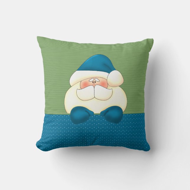 Festive Turquoise Blue and Green Santa Throw Pillow (Front)