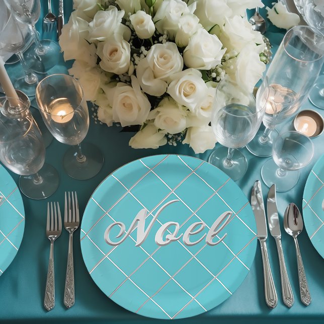 Festive Turquoise Blue & Silver 'Noel' Decorative Paper Plates (Elegant 'Noel' Christmas Dinnerware)