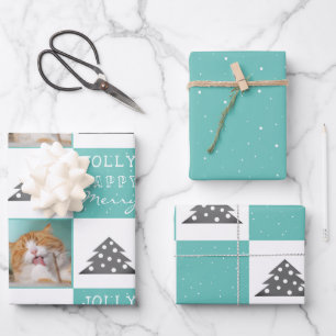 Festive Turquoise Cat Photo Christmas Tree Wrapping Paper Sheets