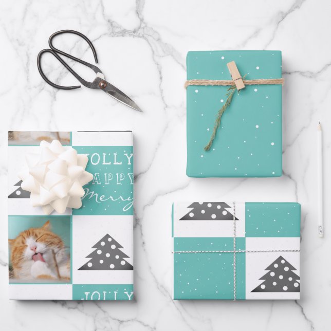 Festive Turquoise Cat Photo Christmas Tree Wrapping Paper Sheets (Front)