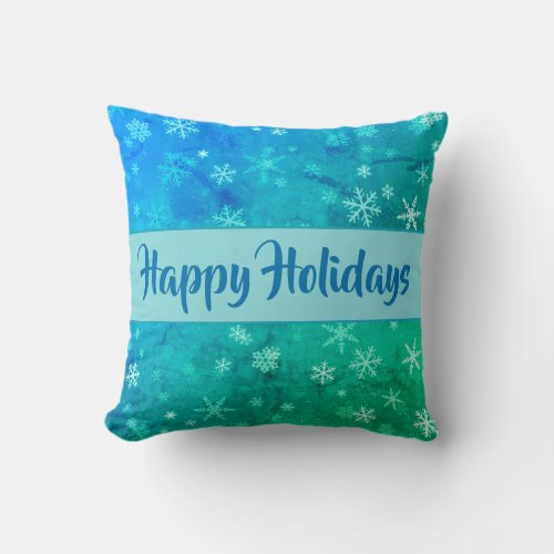 Festive Turquoise Snowflake Pattern Happy Holidays Throw Pillow