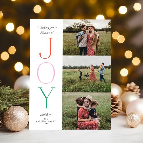 Festive Type JOY Customizable Colors THREE Photo Holiday Card