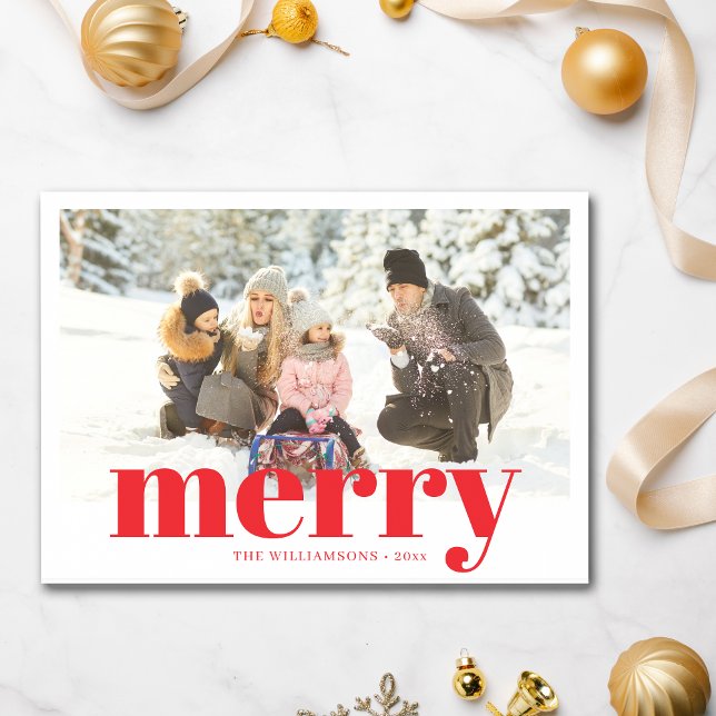 Festive Typography Red Merry Christmas 2 Photo Holiday Card (Creator Uploaded)