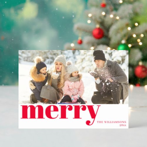 Festive Typography Red Merry Christmas 2 Photo Letterpress Photo Cards