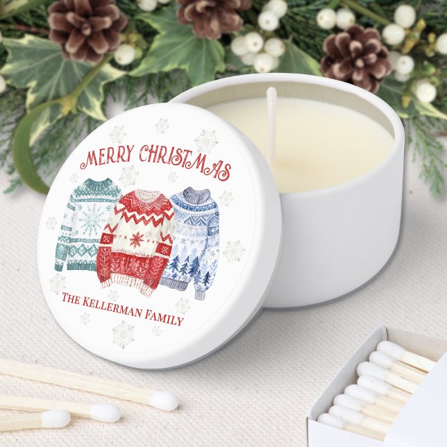 Festive Ugly Sweater Christmas Mini Candle Favors (Festive Ugly Sweater Merry Christmas Mini Candle Favors)