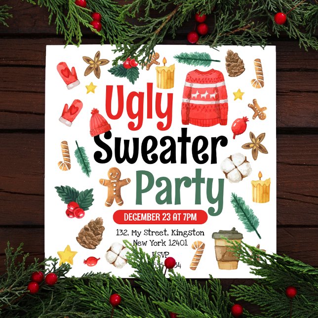 Festive Ugly Sweater Party Watercolor Invitation (Creator Uploaded)