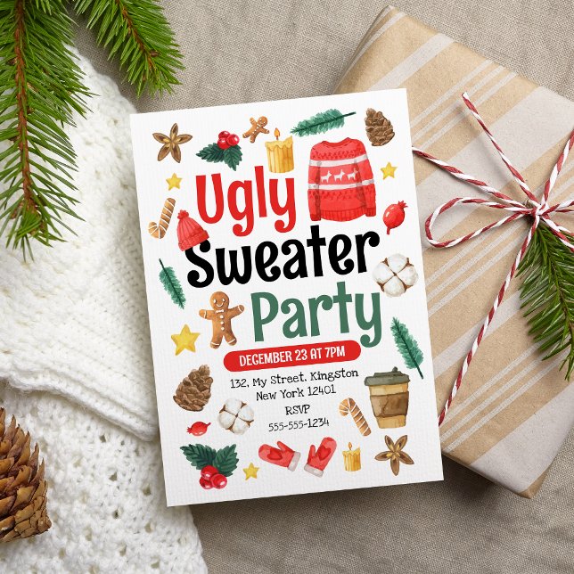 Festive Ugly Sweater Party Watercolor Invitation (Creator Uploaded)