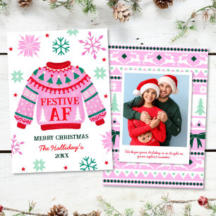 Festive Ugly Sweater & Snowflakes Couple Photo Holiday Card