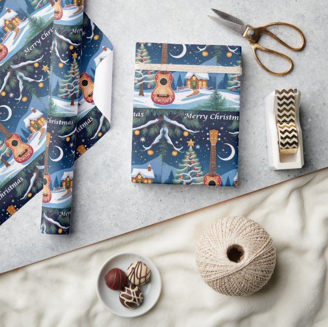 Festive Ukulele Musical Instrument Snow Christmas Wrapping Paper (Crafts)