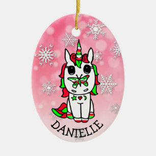 Festive Unicorn with Butterfly on Nose Christmas Ceramic Ornament
