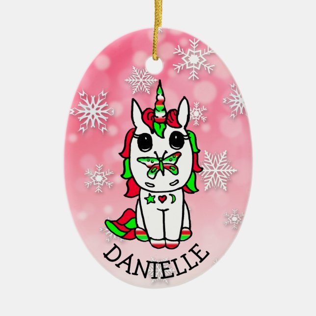 Festive Unicorn with Butterfly on Nose Christmas Ceramic Ornament (Front)