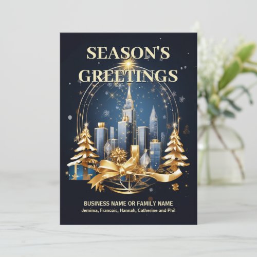 Festive urban skyline blue gold DIY logo photo Holiday Card