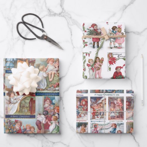 Festive Victorian Children Christmas Card Collage Wrapping Paper Sheets