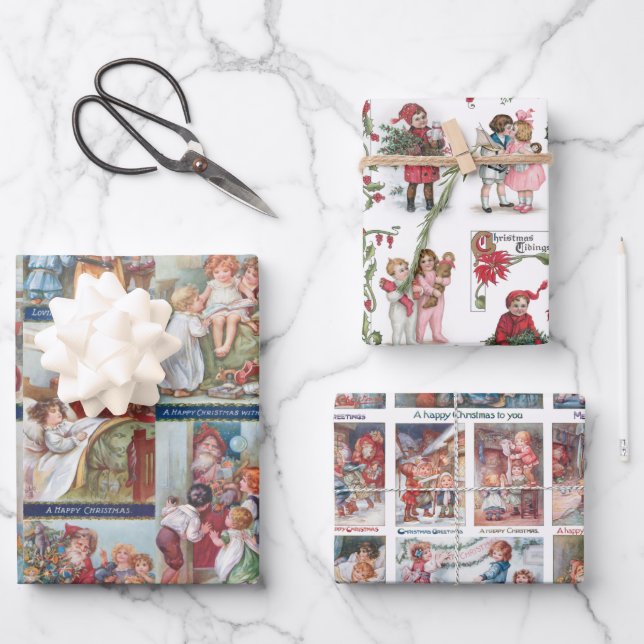 Festive Victorian Children Christmas Card Collage Wrapping Paper Sheets (Front)