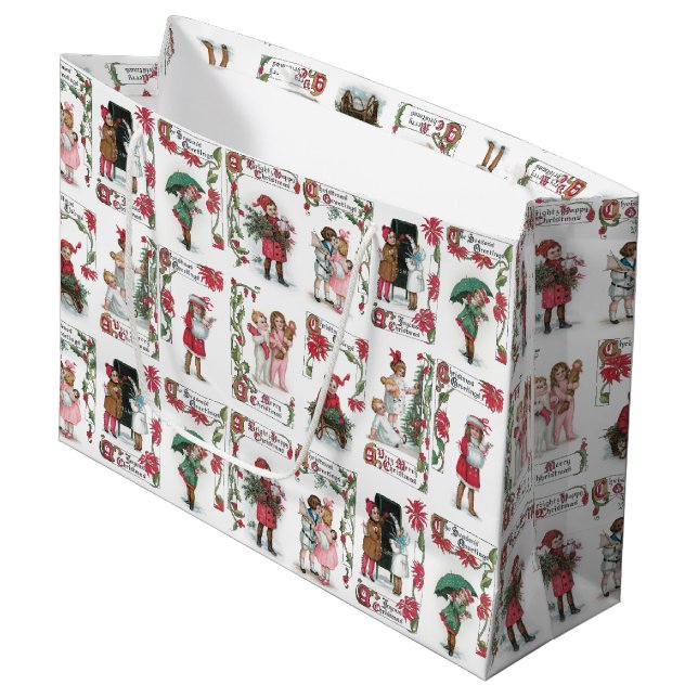 Festive Victorian Children w/Christmas Greetings Large Gift Bag (Front Angled)