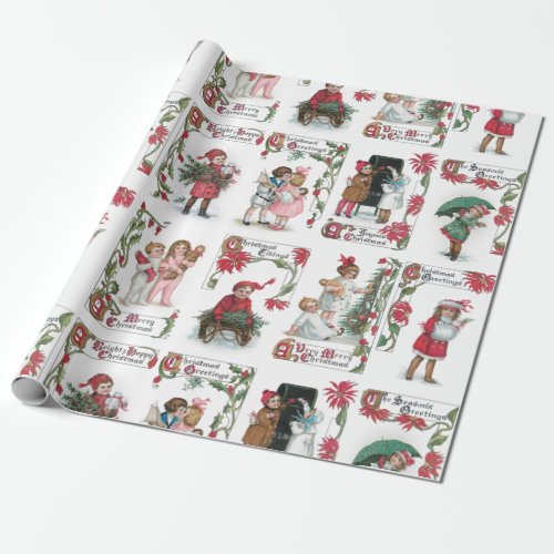 Festive Victorian Children wChristmas Greetings Wrapping Paper