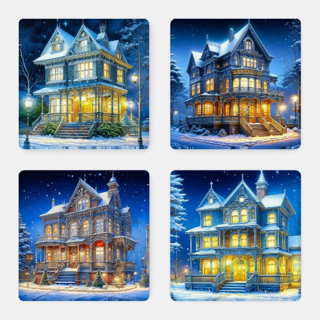 Festive Victorian Christmas Houses on Winter Night Coaster Set (Set)