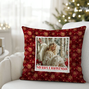 Festive Vintage Angel Red Gold Accent Christmas Throw Pillow