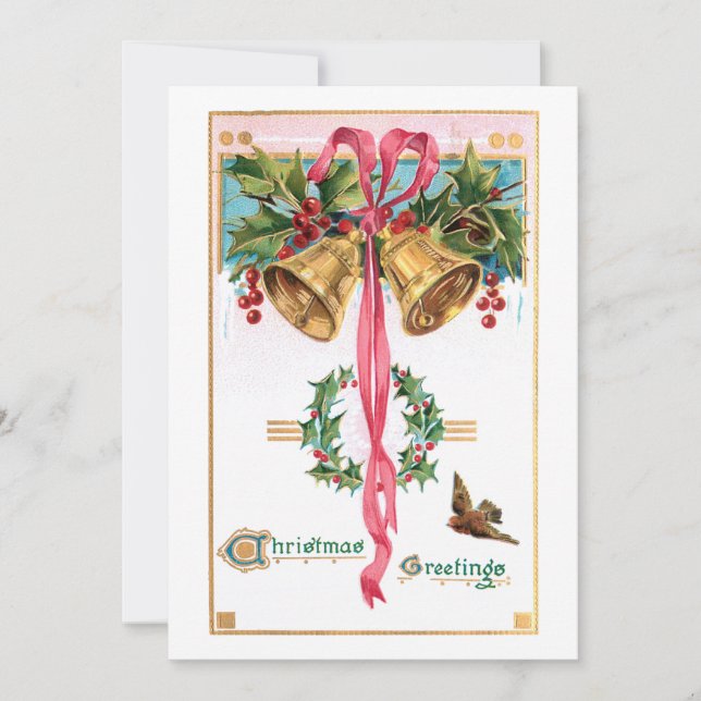 Festive Vintage Bells, Ribbon and Holly Holiday Card (Front)