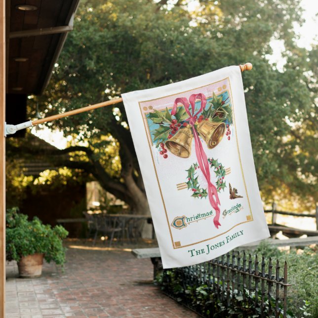 Festive Vintage Bells, Ribbon and Holly House Flag (In SItu)