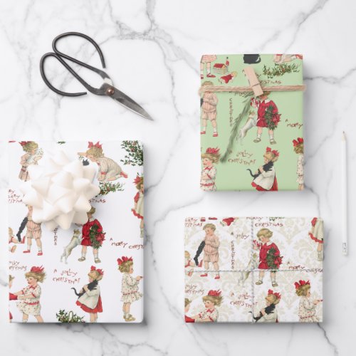 Festive Vintage Children  Christmas Greetings Wrapping Paper Sheets