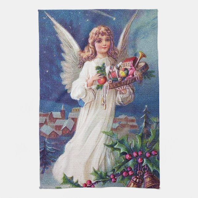 festive vintage Christmas Angel Holiday Kitchen Towel (Vertical)