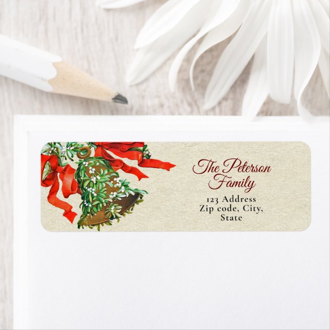 Festive Vintage Christmas Bell Bow Mistletoe Label (Insitu)
