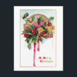 Festive Vintage Christmas Bells & Holly Postcard<br><div class="desc">Festive restored antique Christmas card illustration featuring colorful spray of green and red holly gathered in a red bow with a shiny brass bell,  cute bird and Merry Christmas message in fancy gold script. Back features complementary graphics and editable text fields.</div>