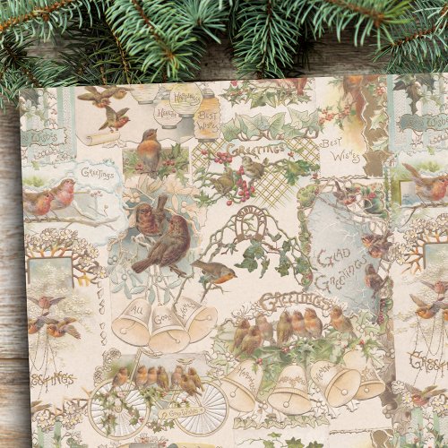 Festive Vintage Christmas Bird and Flower Ephemera Tissue Paper