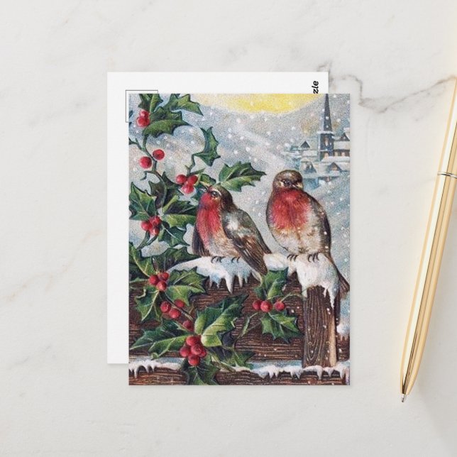 festive vintage Christmas birds Holiday Postcard (Front/Back In Situ)