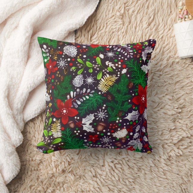 Festive Vintage Christmas Botanical Forest  Throw Pillow (Blanket)