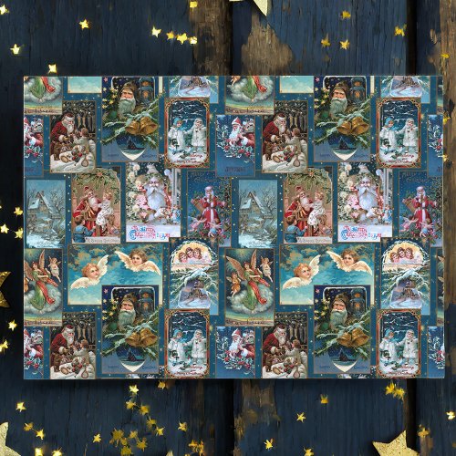 Festive Vintage Christmas Card Collage_Blue BG Tissue Paper