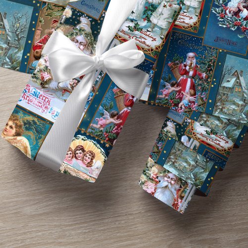 Festive Vintage Christmas Card Collage_Blue BG Wrapping Paper