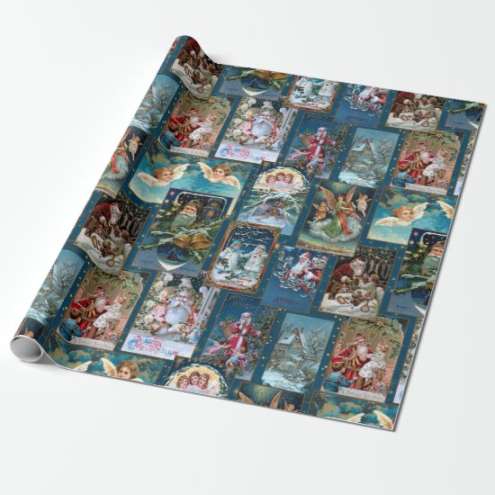 Festive Vintage Christmas Card Collage-Blue BG