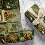 Festive Vintage Christmas Card Collage-Green BG Wrapping Paper<br><div class="desc">Festive and colorful holiday collage featuring vintage Christmas cards from the Victorian era including Santa,  angels,  stars,  seasonal flowers and cheery greetings on deep olive green background with gold sparkles.</div>