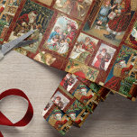Festive Vintage Christmas Card Collage-Red BG Wrapping Paper<br><div class="desc">Festive and colorful holiday collage featuring vintage Christmas cards from the Victorian era including Santa,  angels,  stars,  seasonal flowers and cheery greetings on dark ruby red background with subtle gold damask overlay pattern.</div>