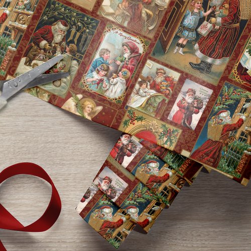 Festive Vintage Christmas Card Collage_Red BG Wrapping Paper