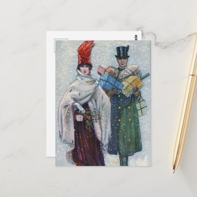 festive vintage Christmas couple Holiday Postcard (Front/Back In Situ)