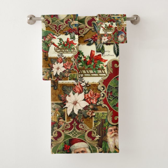 Festive Vintage Christmas Ephemera Collage-Gold Bath Towel Set (Insitu)