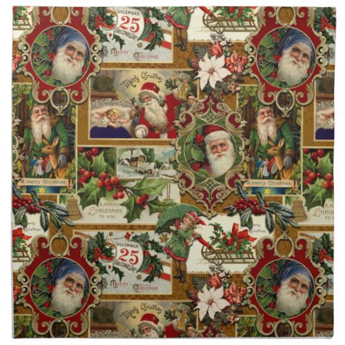 Festive Vintage Christmas Ephemera Collage_Gold Cloth Napkin