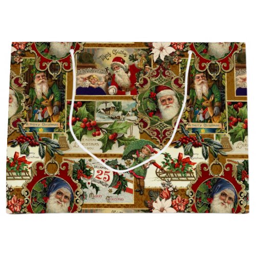 Festive Vintage Christmas Ephemera Collage_Gold Large Gift Bag