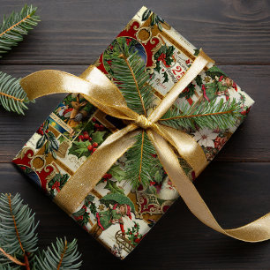 Festive Vintage Christmas Ephemera Collage-Gold Wrapping Paper
